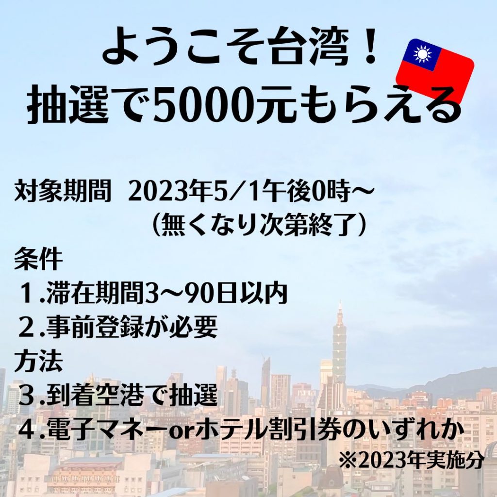 ようこそ台湾へ‼台湾旅行で5000元（約2万円強）が抽選で当たる